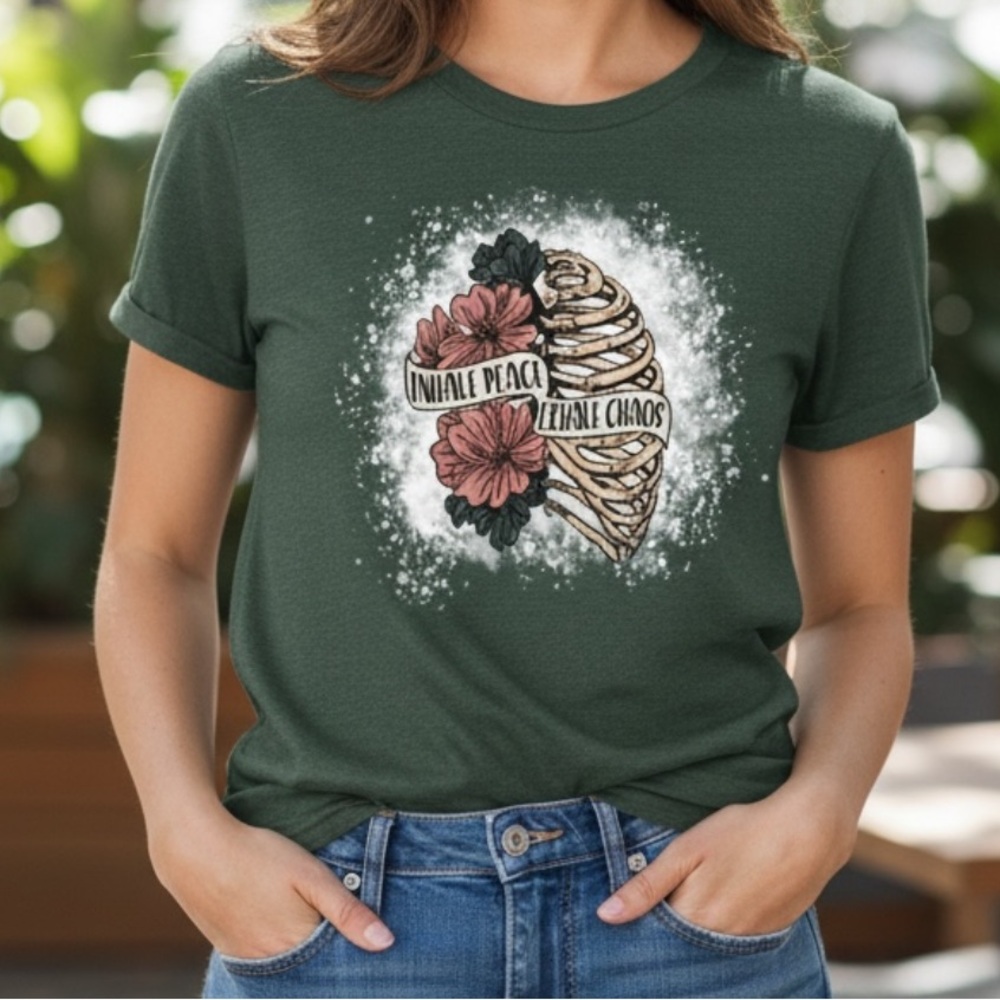 NEW• Women's Inhale Peace,Exhale Chaos Graphic Tee With Floral Ribcage Design• L